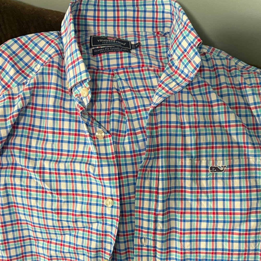 Vineyard Vines Men's Blue and Red Plaid Shirt